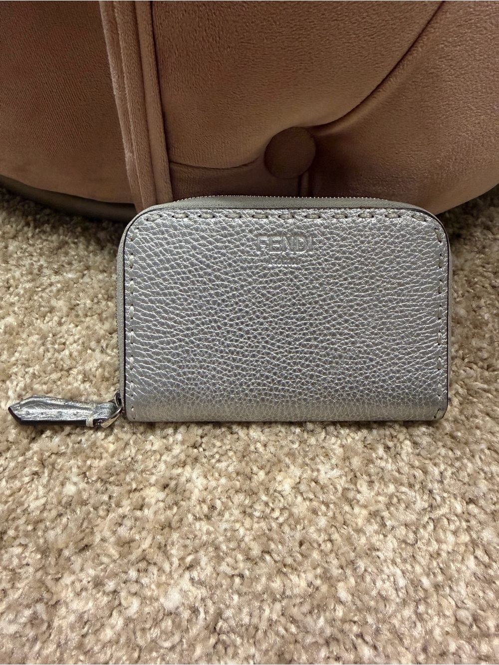 Fendi Selleria Metallic Silver Leather Zip Coin/Card Case